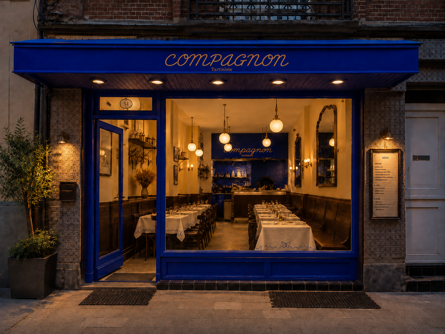 Devanture bleu cobalt de Compagnon, chaleureuse et lumineuse, la nuit
