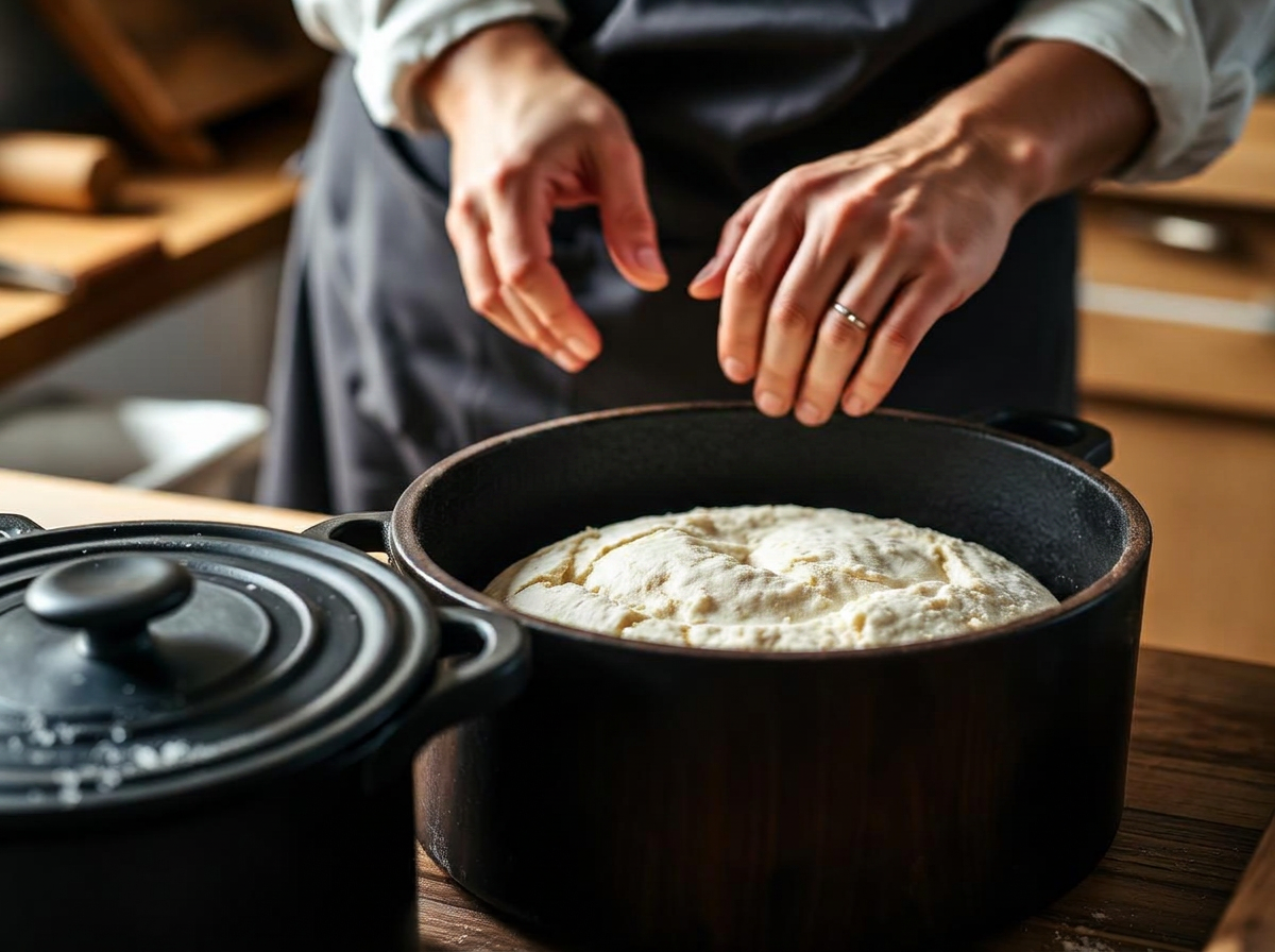 Mains d'artisan façonnant un pain au levain cuit en cocotte